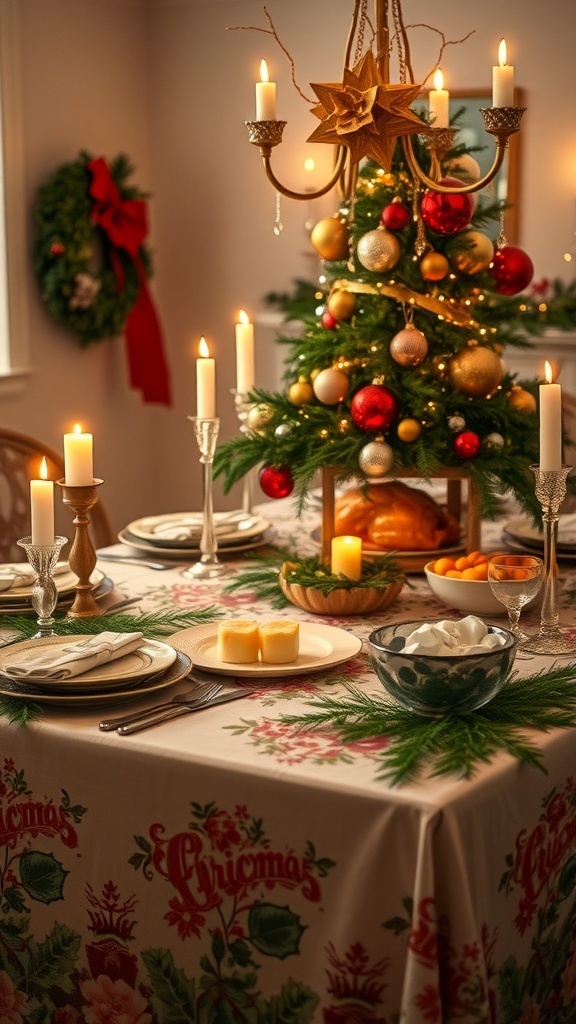 A festive Christmas table setting with elegant decorations, roasted turkey, and seasonal dishes.